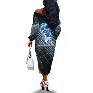 Shu Air Void Egyptian Off The Shoulder Long Sleeve Dress with Storm God and Ankh Ancient Mythology