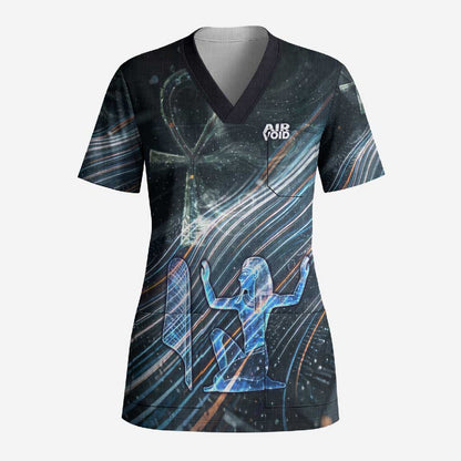 Shu Air Void Egyptian Scrub Top with Storm God and Ankh Ancient Mythology