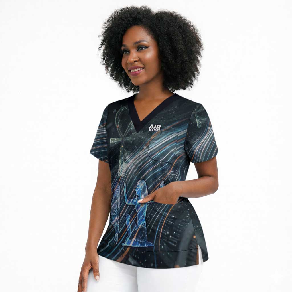 Shu Air Void Egyptian Scrub Top with Storm God and Ankh Ancient Mythology