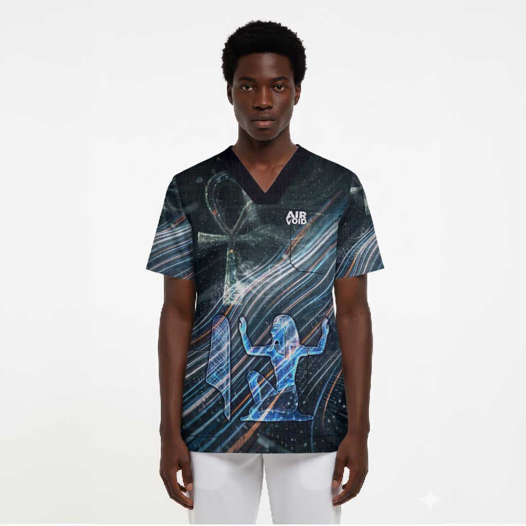 Shu Air Void Egyptian Scrub Top with Storm God and Ankh Ancient Mythology