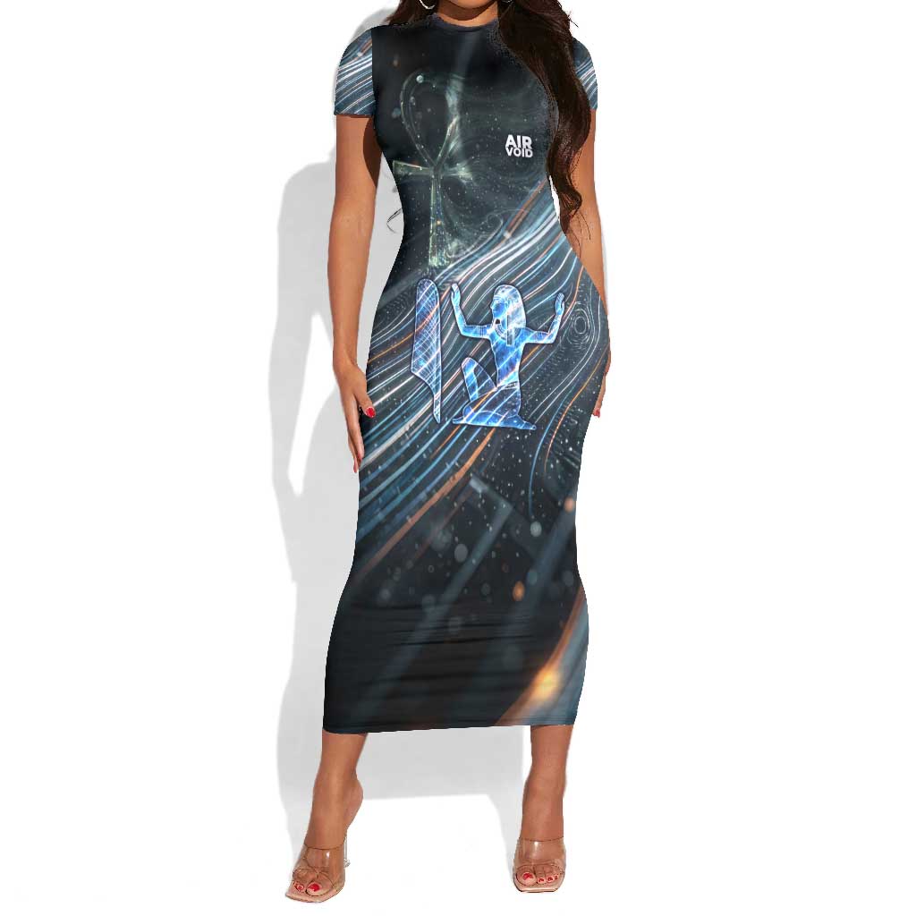 Shu Air Void Egyptian Short Sleeve Bodycon Dress with Storm God and Ankh Ancient Mythology