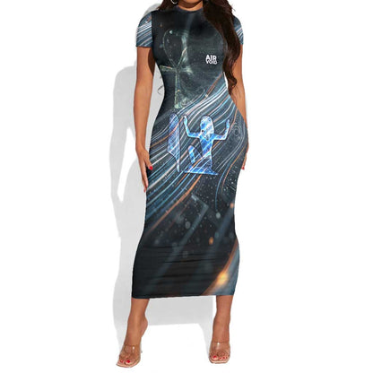 Shu Air Void Egyptian Short Sleeve Bodycon Dress with Storm God and Ankh Ancient Mythology