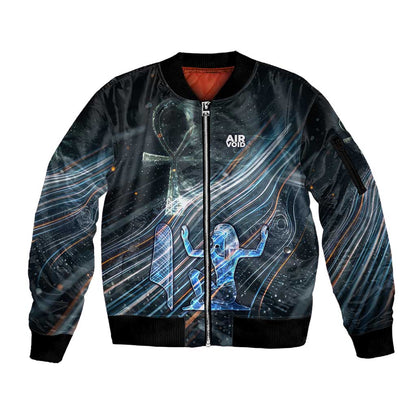 Shu Air Void Egyptian Sleeve Zip Bomber Jacket with Storm God and Ankh Ancient Mythology