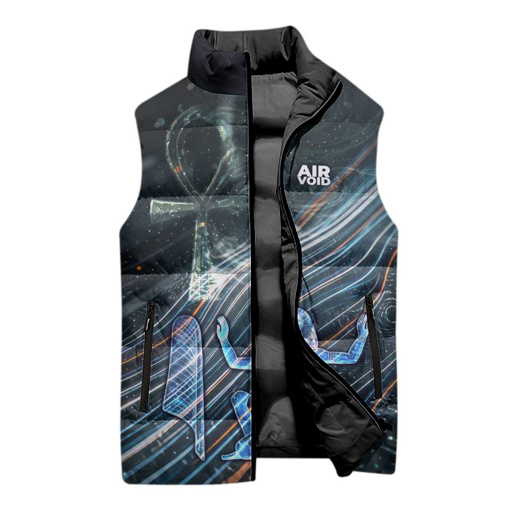 Shu Air Void Egyptian Sleeveless Puffer Jacket with Storm God and Ankh Ancient Mythology