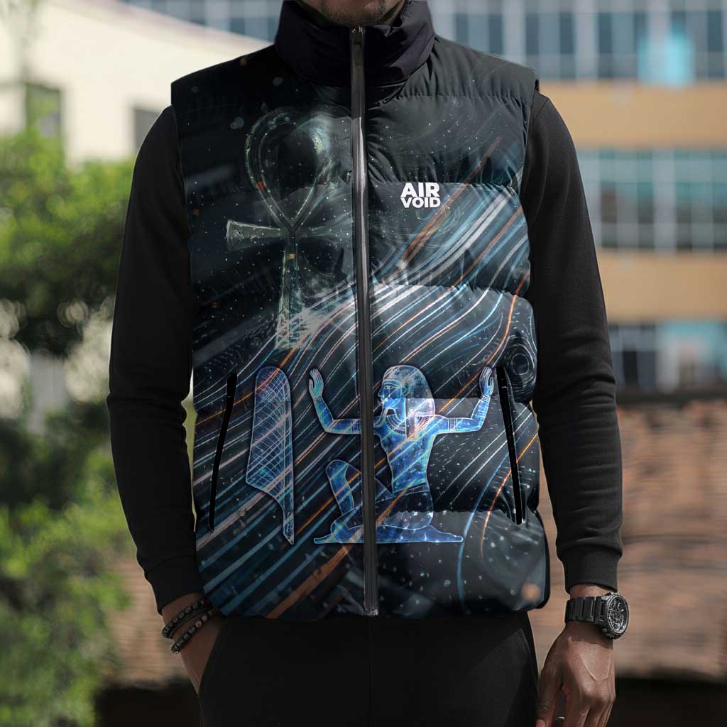 Shu Air Void Egyptian Sleeveless Puffer Jacket with Storm God and Ankh Ancient Mythology