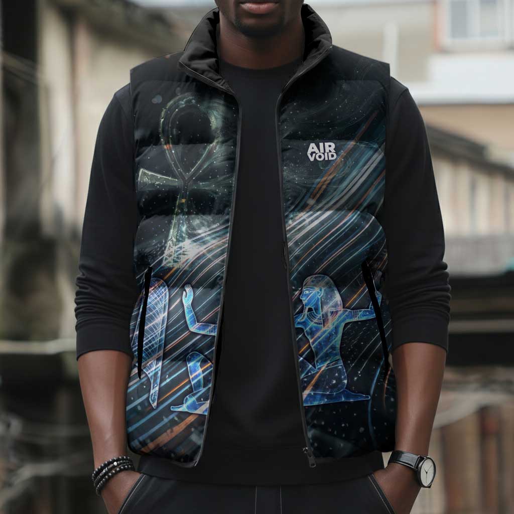 Shu Air Void Egyptian Sleeveless Puffer Jacket with Storm God and Ankh Ancient Mythology