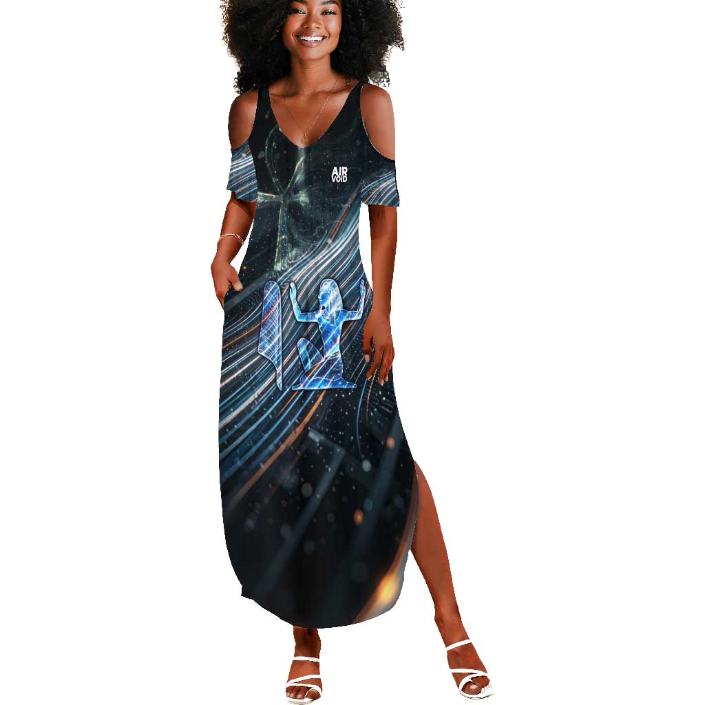 Shu Air Void Egyptian Summer Maxi Dress with Storm God and Ankh Ancient Mythology