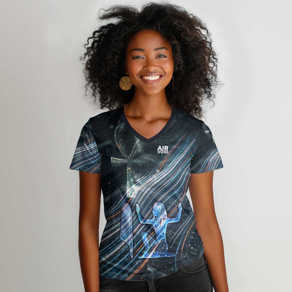 Shu Air Void Egyptian Women V-Neck T-Shirt with Storm God and Ankh Ancient Mythology