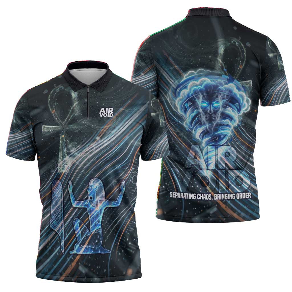 Shu Air Void Egyptian Zipper Polo Shirt with Storm God and Ankh Ancient Mythology