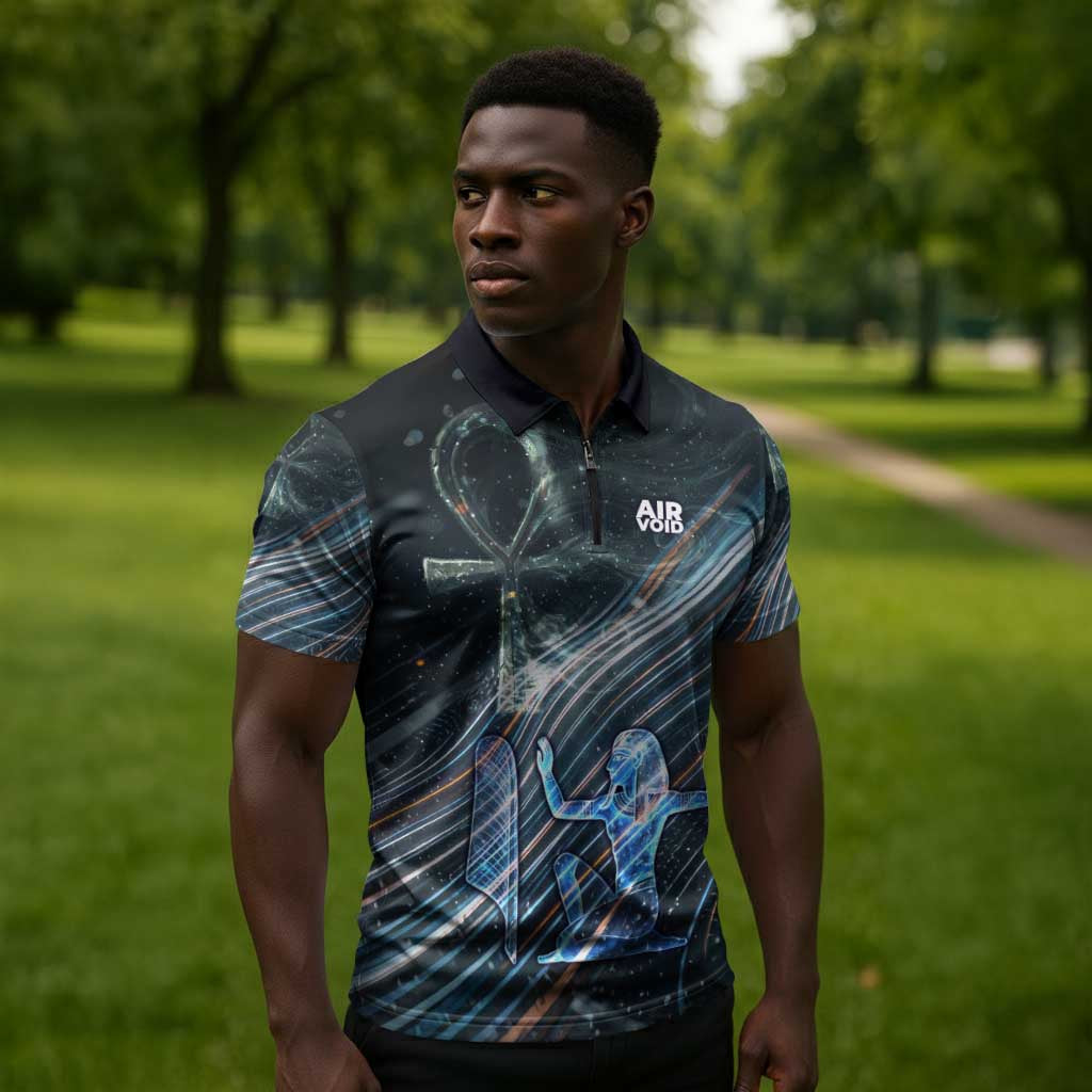 Shu Air Void Egyptian Zipper Polo Shirt with Storm God and Ankh Ancient Mythology