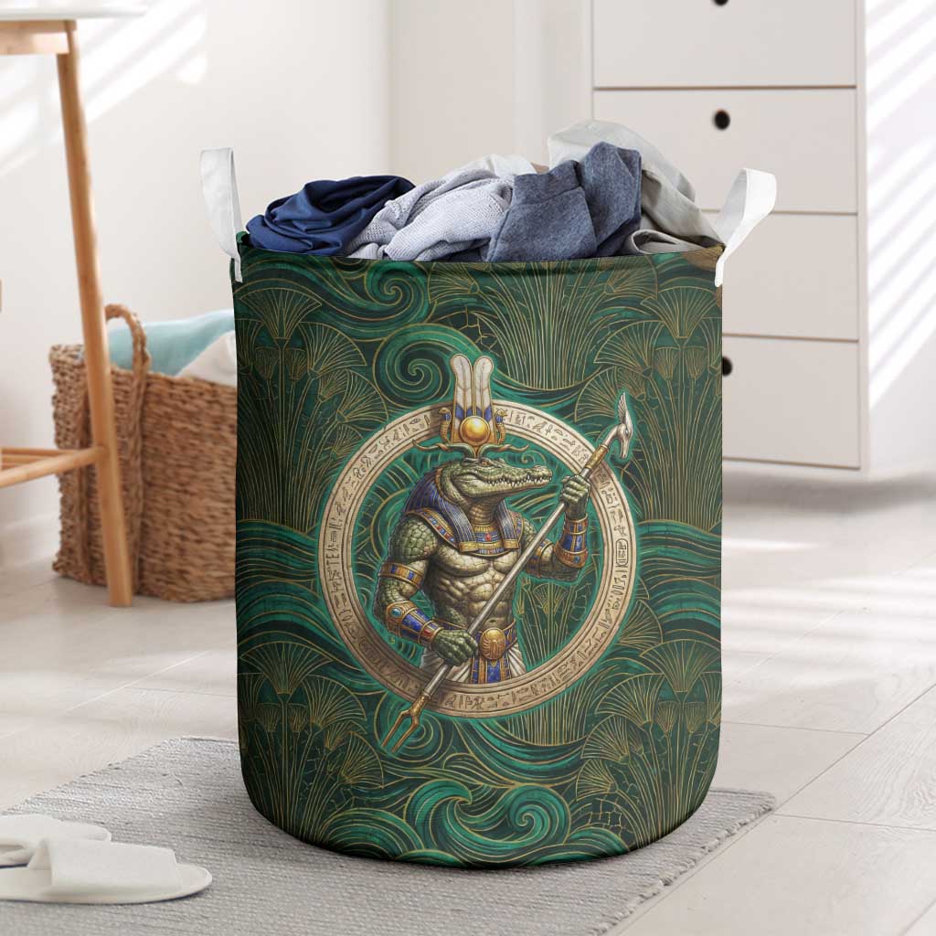 Sobek Crocodile Warrior Laundry Basket with Ankh Ancient Egyptian Motif in Emerald