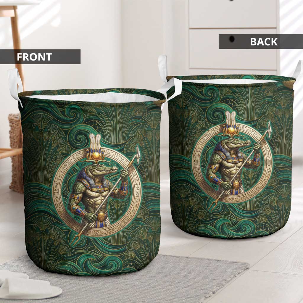 Sobek Crocodile Warrior Laundry Basket with Ankh Ancient Egyptian Motif in Emerald