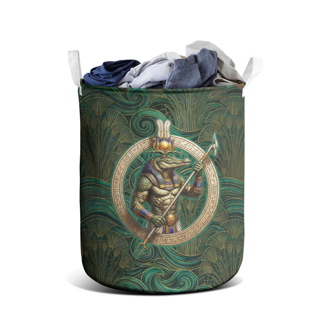 Sobek Crocodile Warrior Laundry Basket with Ankh Ancient Egyptian Motif in Emerald