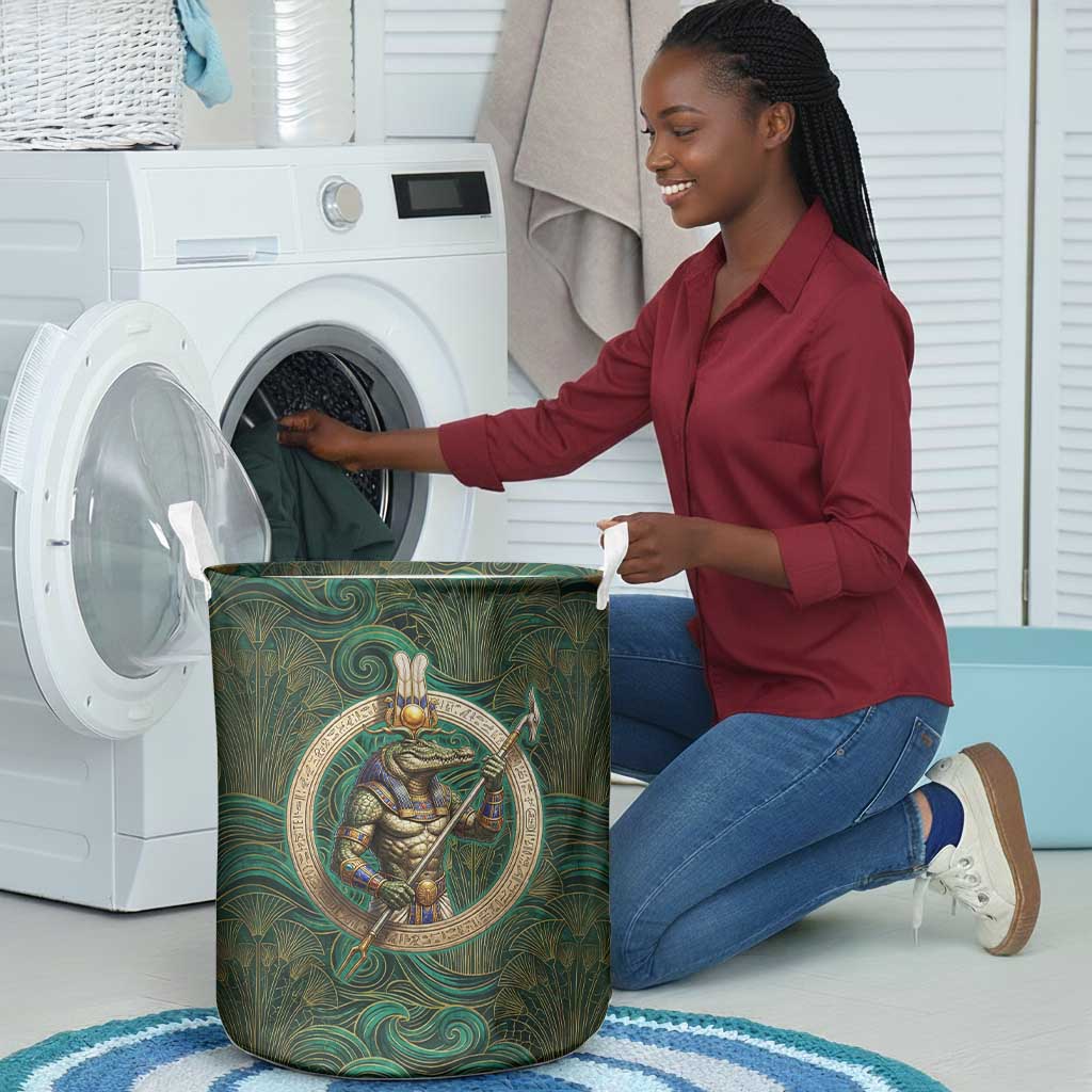 Sobek Crocodile Warrior Laundry Basket with Ankh Ancient Egyptian Motif in Emerald