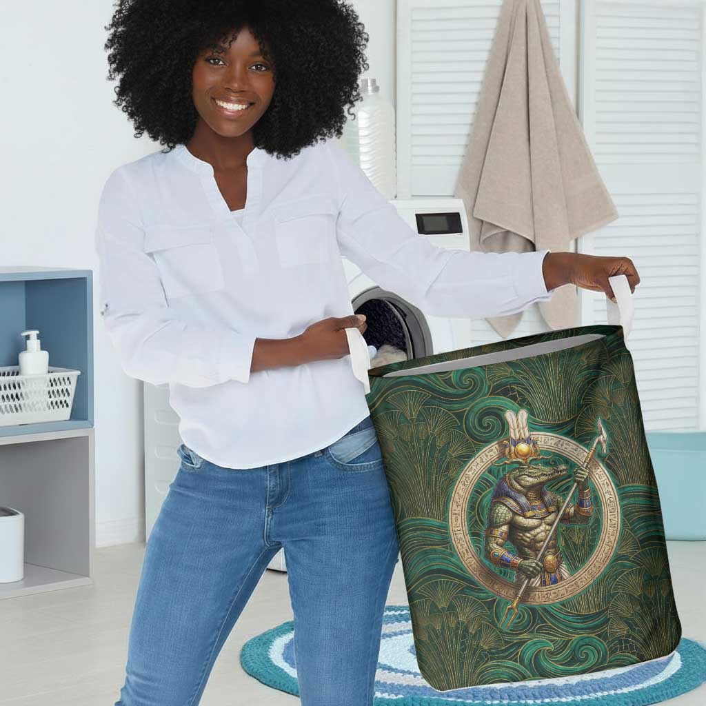 Sobek Crocodile Warrior Laundry Basket with Ankh Ancient Egyptian Motif in Emerald