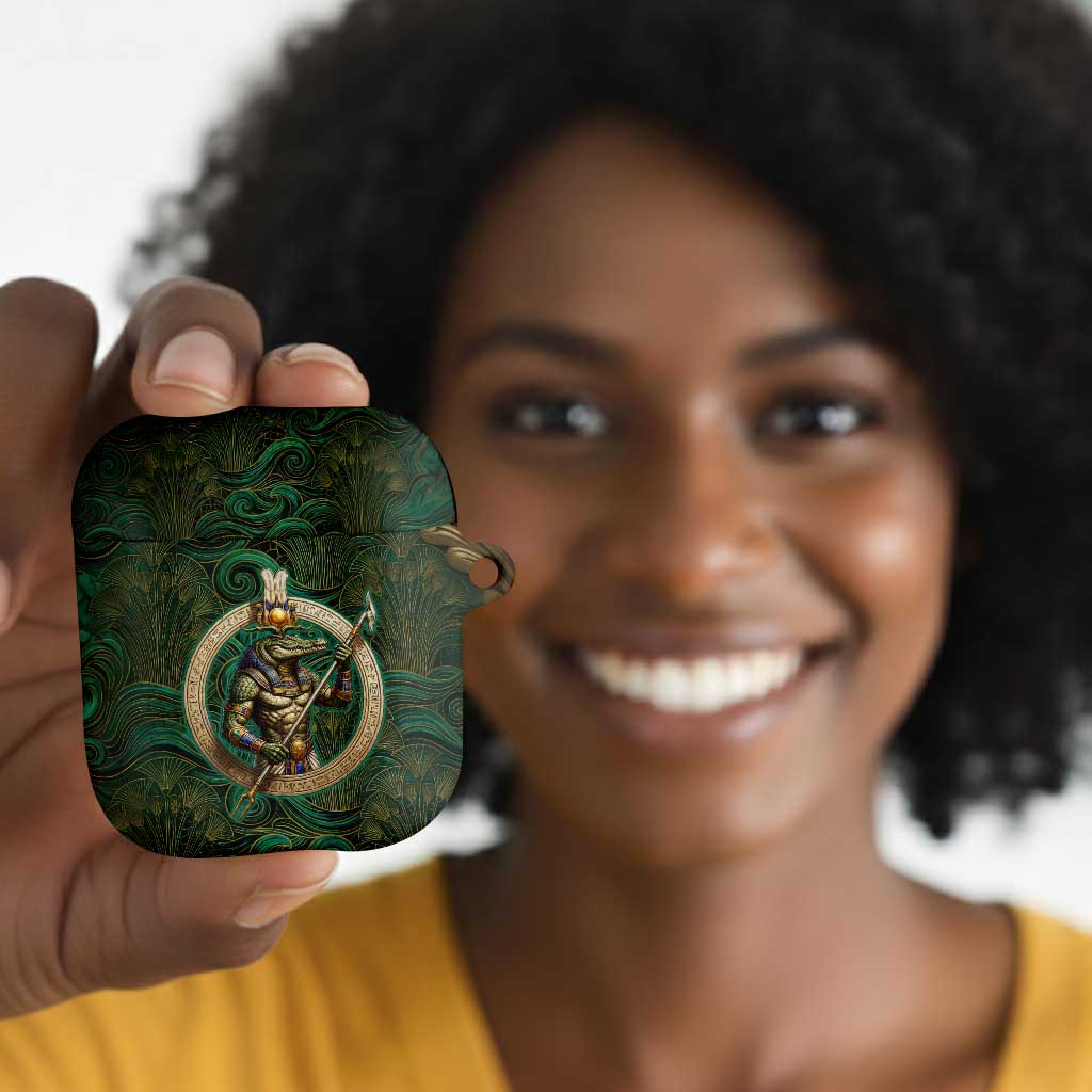 Sobek Crocodile Warrior AirPods Case with Ankh Ancient Egyptian Motif in Emerald