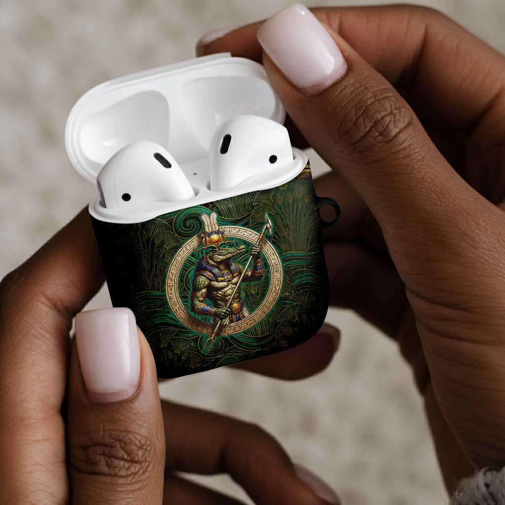 Sobek Crocodile Warrior AirPods Case with Ankh Ancient Egyptian Motif in Emerald