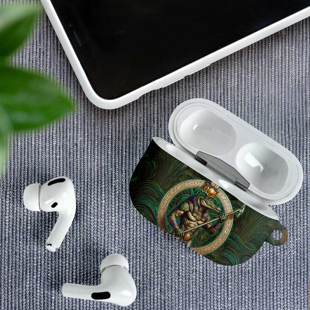Sobek Crocodile Warrior AirPods Case with Ankh Ancient Egyptian Motif in Emerald