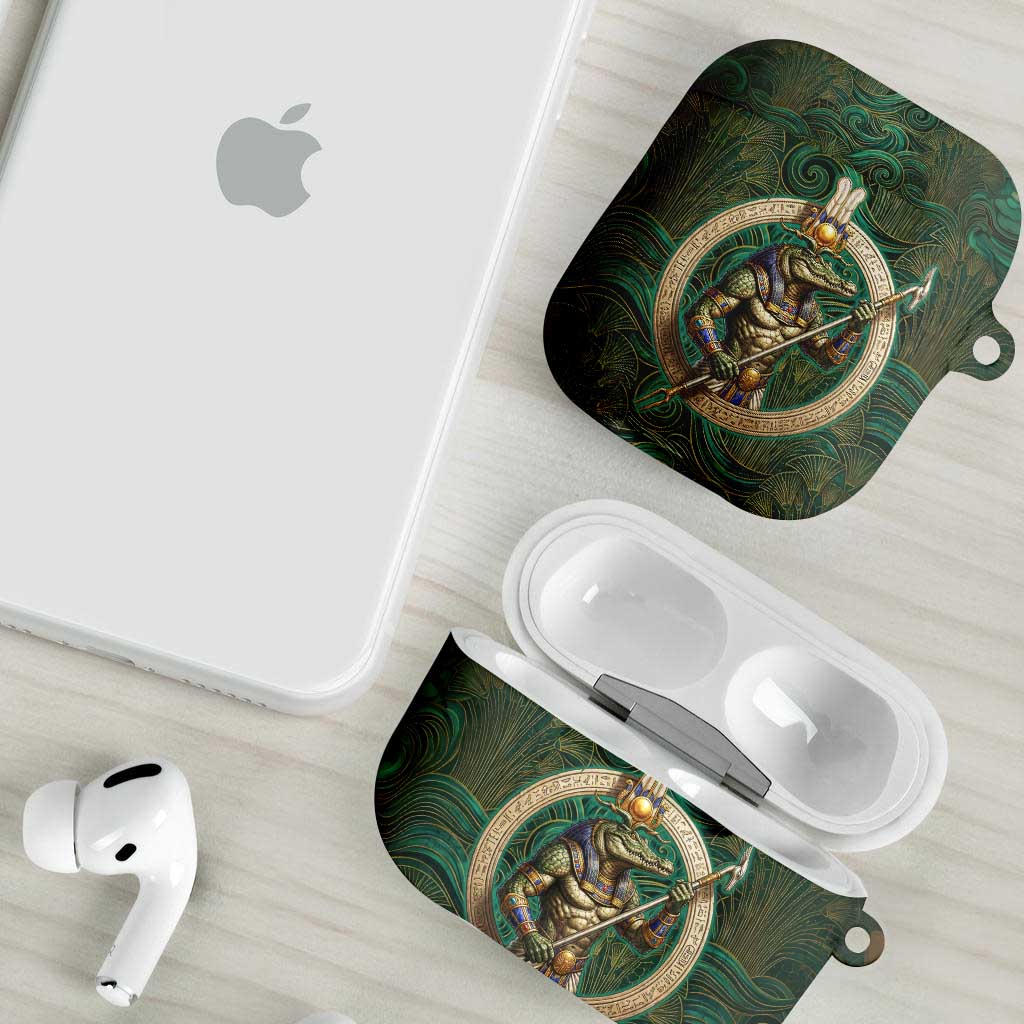 Sobek Crocodile Warrior AirPods Case with Ankh Ancient Egyptian Motif in Emerald