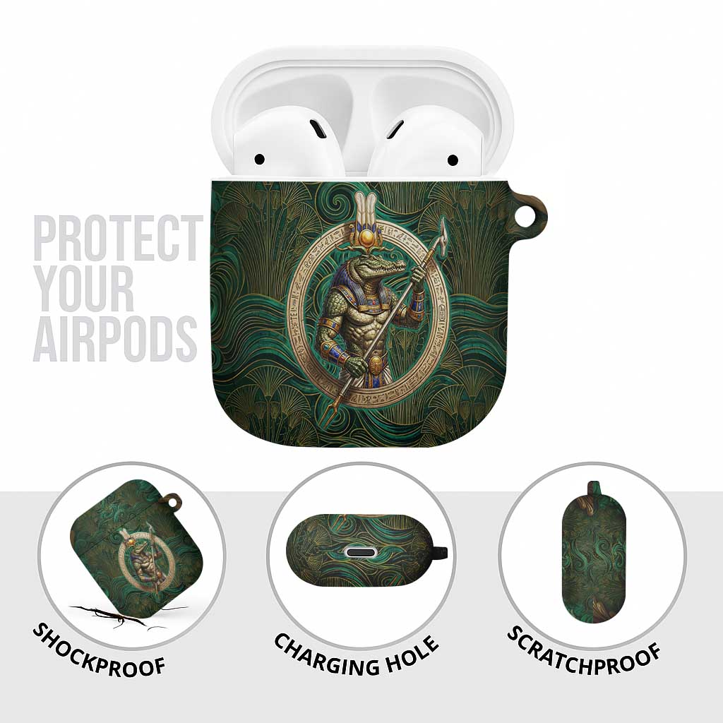 Sobek Crocodile Warrior AirPods Case with Ankh Ancient Egyptian Motif in Emerald