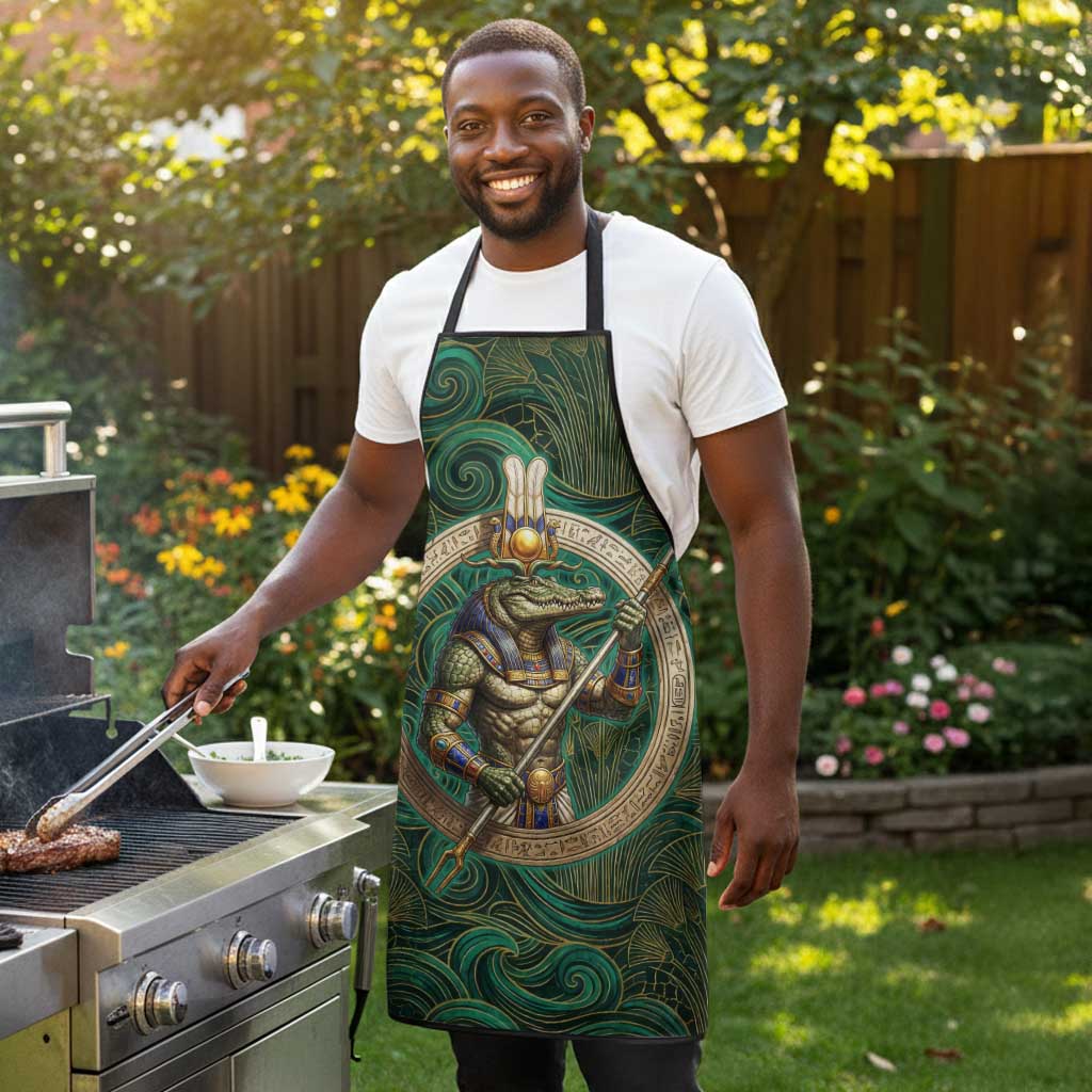 Sobek Crocodile Warrior Apron with Ankh Ancient Egyptian Motif in Emerald