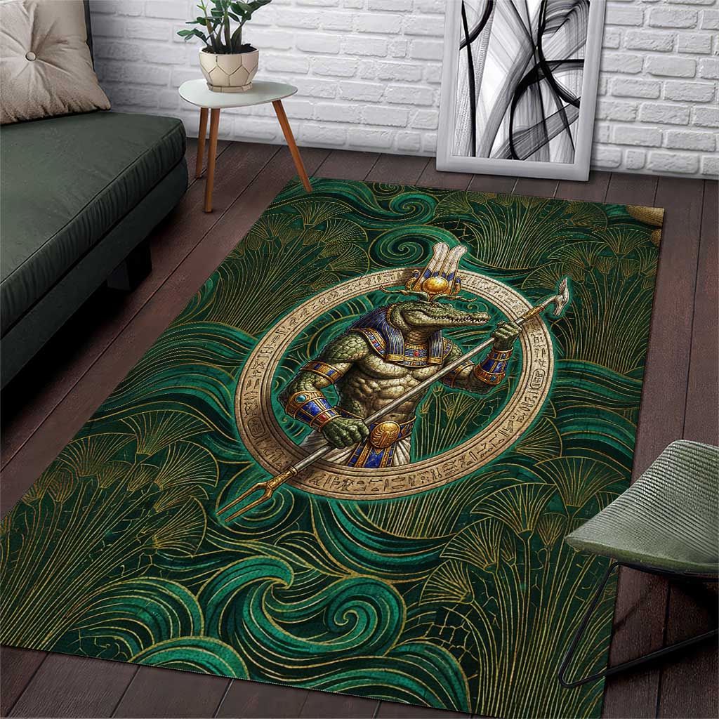 Sobek Crocodile Warrior Area Rug with Ankh Ancient Egyptian Motif in Emerald
