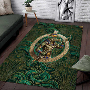 Sobek Crocodile Warrior Area Rug with Ankh Ancient Egyptian Motif in Emerald