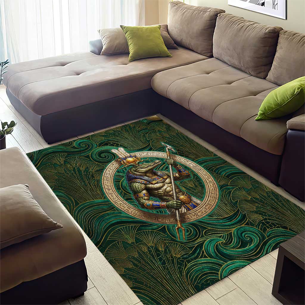 Sobek Crocodile Warrior Area Rug with Ankh Ancient Egyptian Motif in Emerald