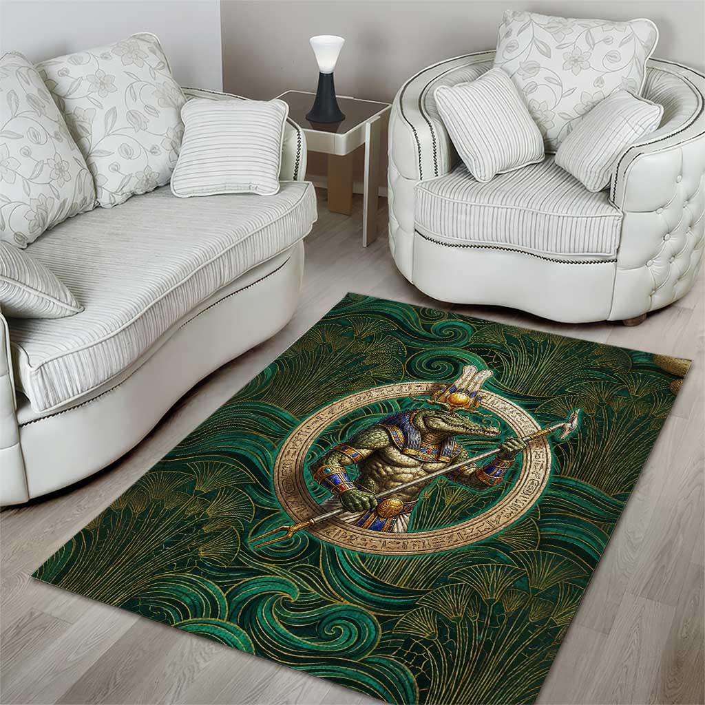 Sobek Crocodile Warrior Area Rug with Ankh Ancient Egyptian Motif in Emerald