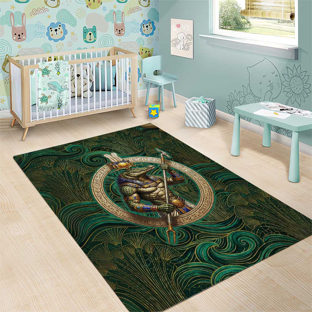Sobek Crocodile Warrior Area Rug with Ankh Ancient Egyptian Motif in Emerald