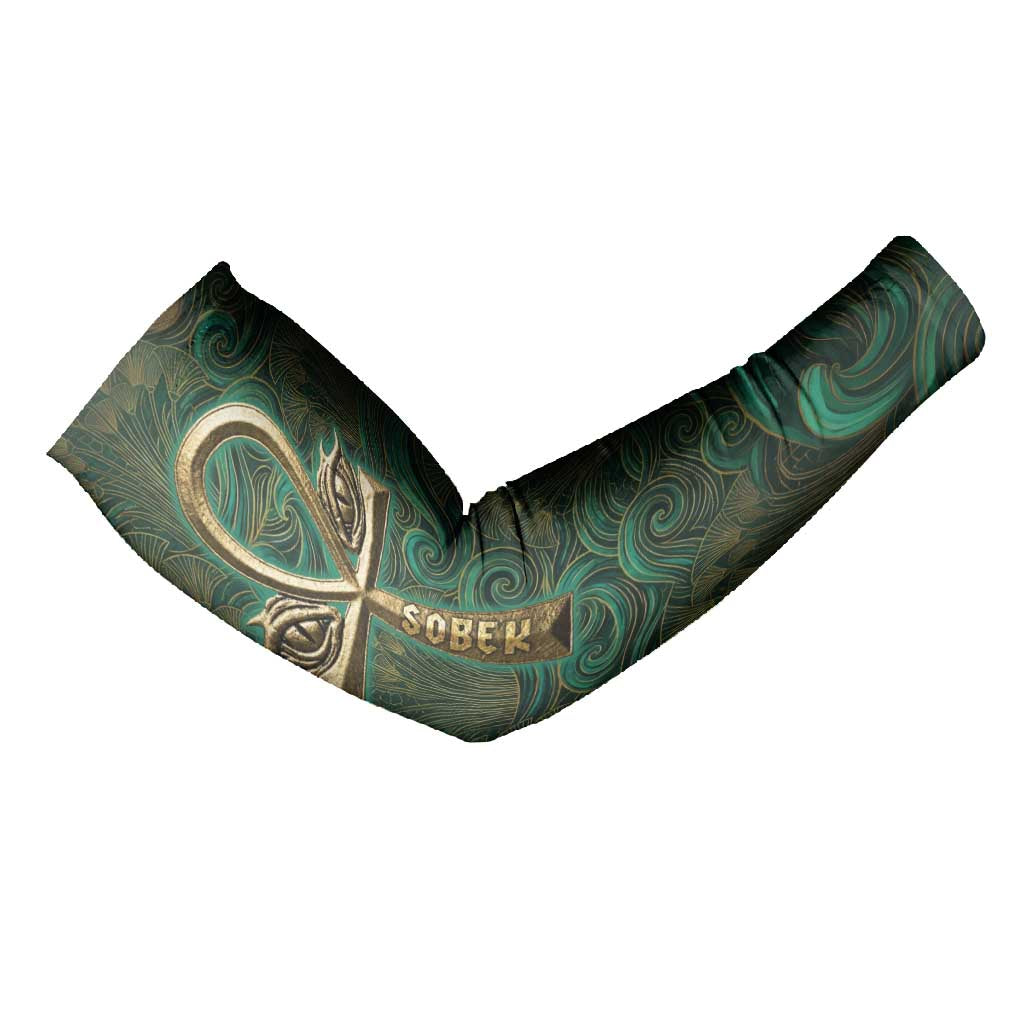 Sobek Crocodile Warrior Arm Sleeves with Ankh Ancient Egyptian Motif in Emerald
