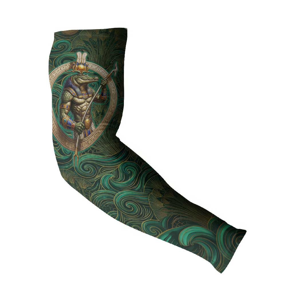 Sobek Crocodile Warrior Arm Sleeves with Ankh Ancient Egyptian Motif in Emerald