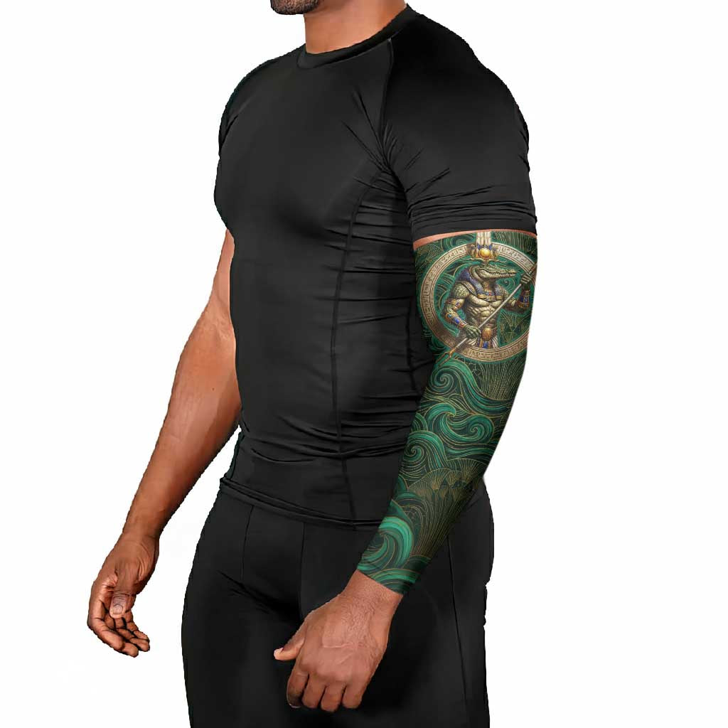 Sobek Crocodile Warrior Arm Sleeves with Ankh Ancient Egyptian Motif in Emerald