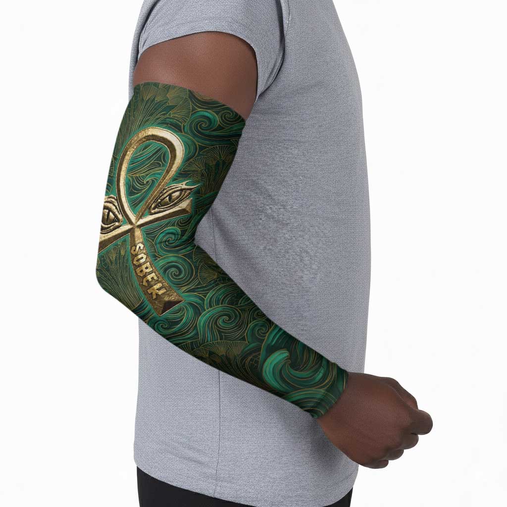 Sobek Crocodile Warrior Arm Sleeves with Ankh Ancient Egyptian Motif in Emerald
