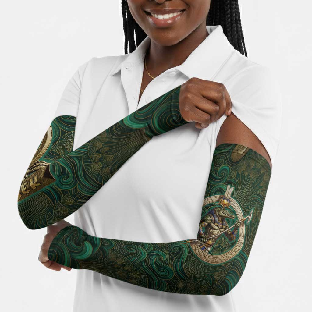 Sobek Crocodile Warrior Arm Sleeves with Ankh Ancient Egyptian Motif in Emerald