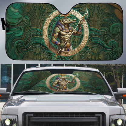 Sobek Crocodile Warrior Auto Sun Shade with Ankh Ancient Egyptian Motif in Emerald