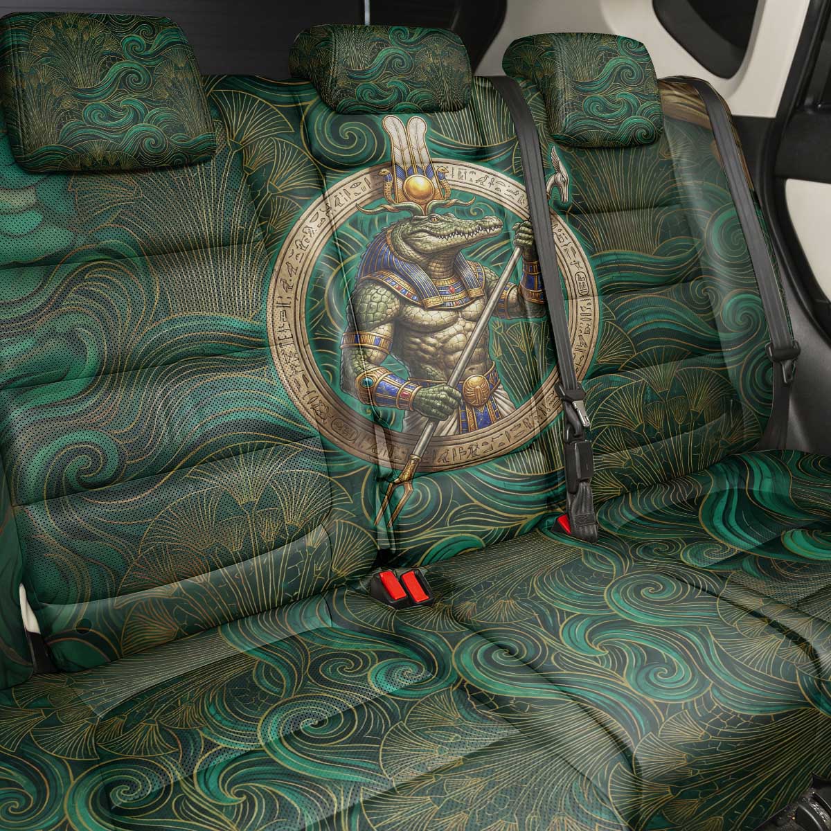 Sobek Crocodile Warrior Back Car Seat Cover with Ankh Ancient Egyptian Motif in Emerald