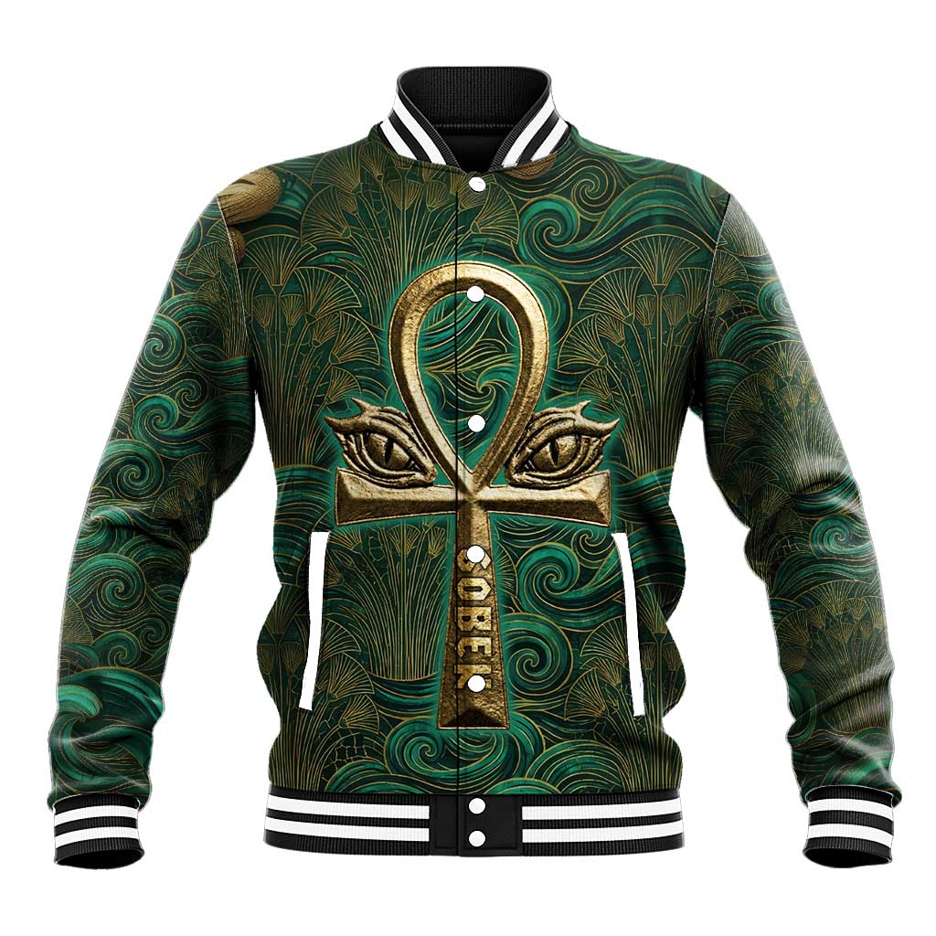 Sobek Crocodile Warrior Baseball Jacket with Ankh Ancient Egyptian Motif in Emerald
