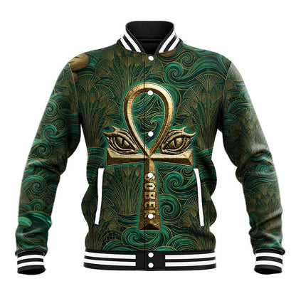Sobek Crocodile Warrior Baseball Jacket with Ankh Ancient Egyptian Motif in Emerald