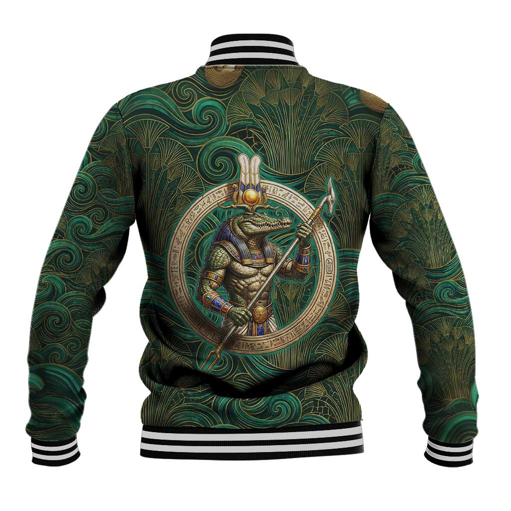 Sobek Crocodile Warrior Baseball Jacket with Ankh Ancient Egyptian Motif in Emerald