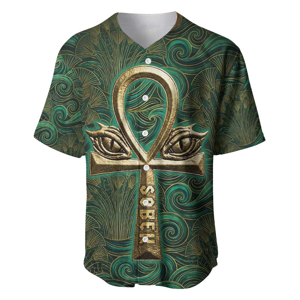 Sobek Crocodile Warrior Baseball Jersey with Ankh Ancient Egyptian Motif in Emerald