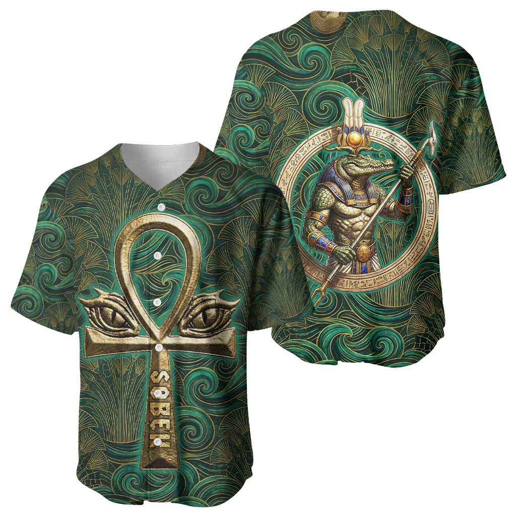 Sobek Crocodile Warrior Baseball Jersey with Ankh Ancient Egyptian Motif in Emerald