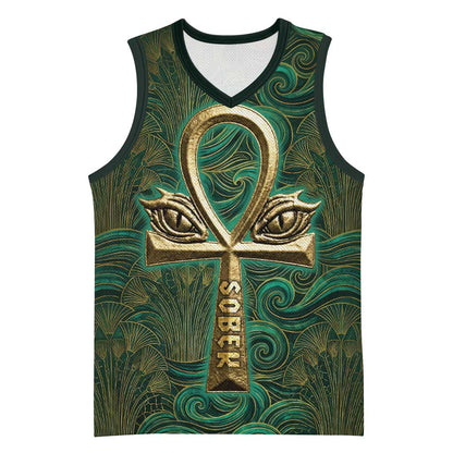 Sobek Crocodile Warrior Basketball Jersey with Ankh Ancient Egyptian Motif in Emerald