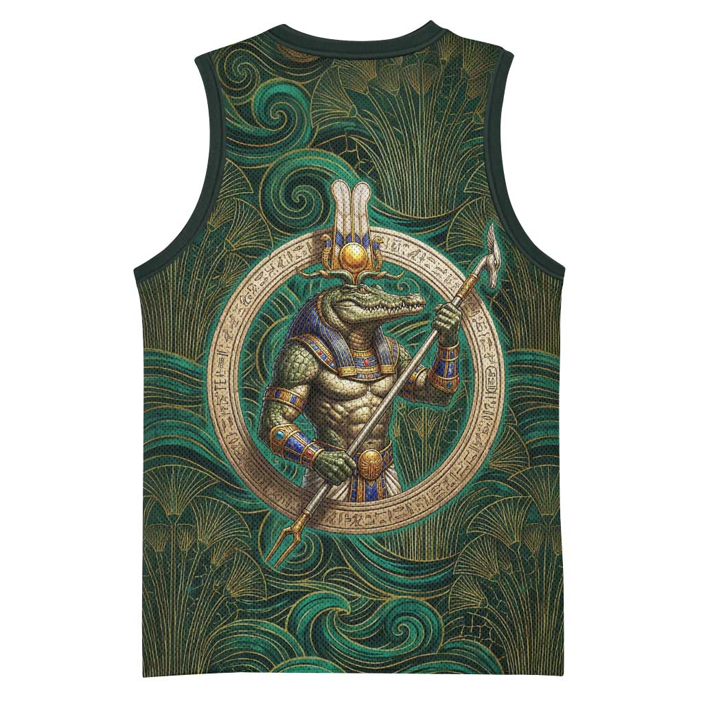 Sobek Crocodile Warrior Basketball Jersey with Ankh Ancient Egyptian Motif in Emerald