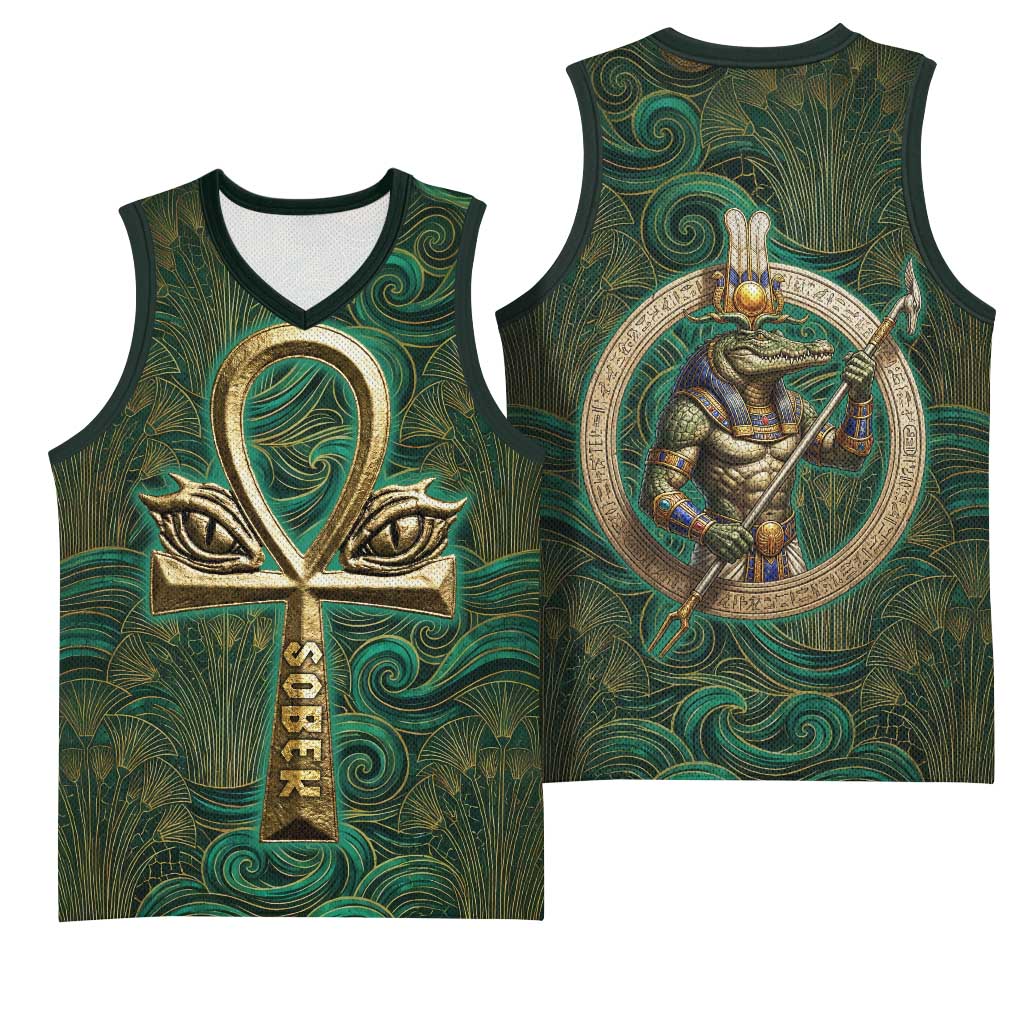 Sobek Crocodile Warrior Basketball Jersey with Ankh Ancient Egyptian Motif in Emerald
