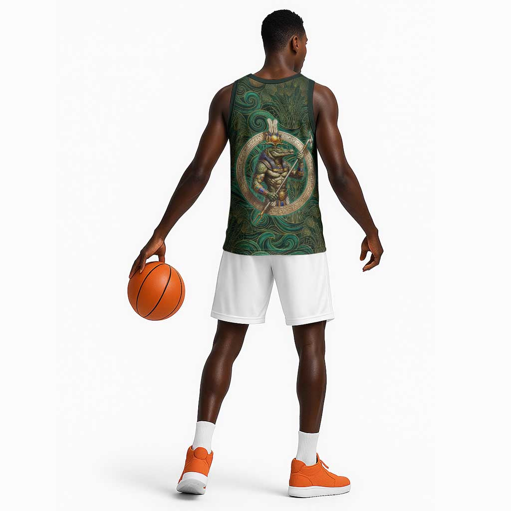 Sobek Crocodile Warrior Basketball Jersey with Ankh Ancient Egyptian Motif in Emerald