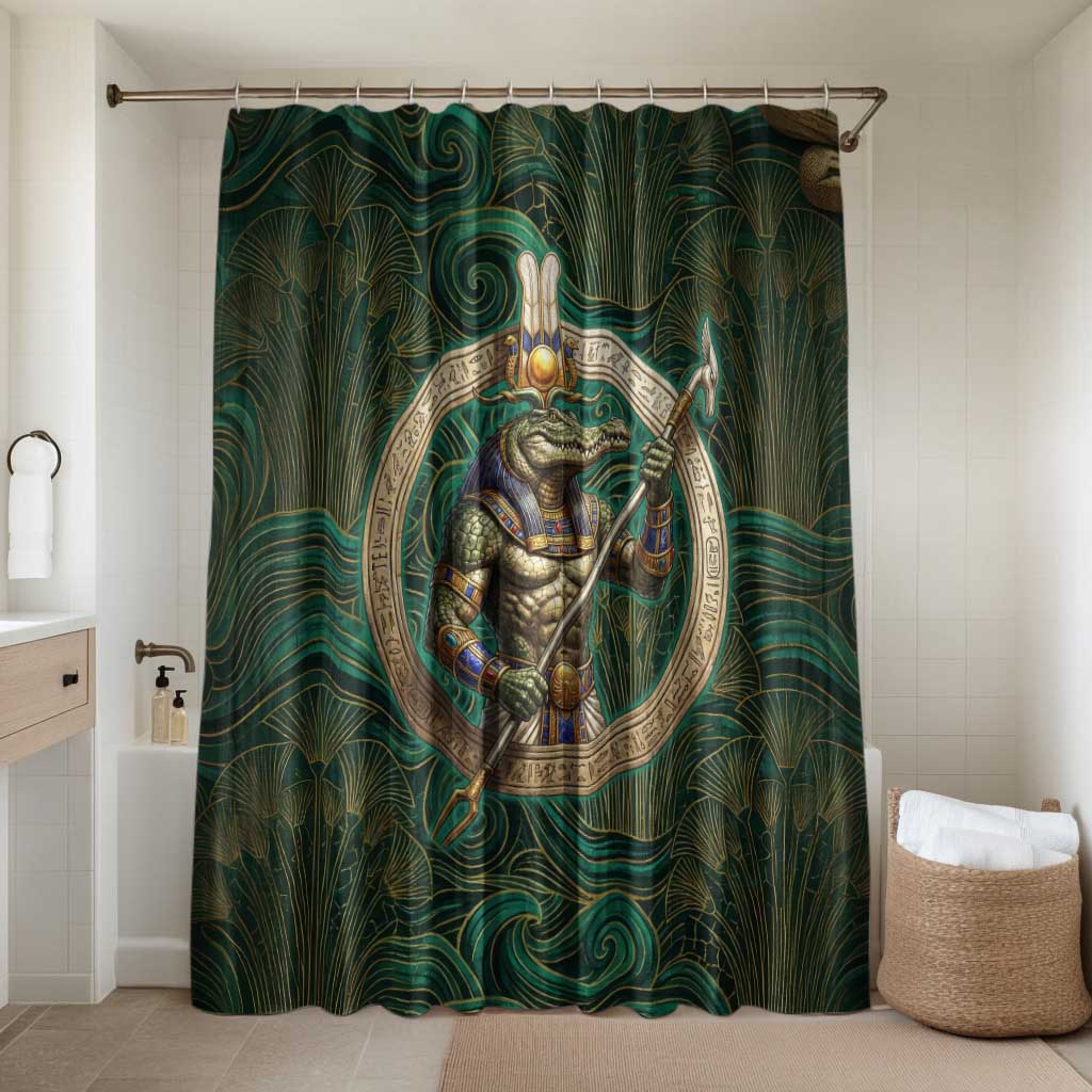 Sobek Crocodile Warrior Bathroom Set with Ankh Ancient Egyptian Motif in Emerald