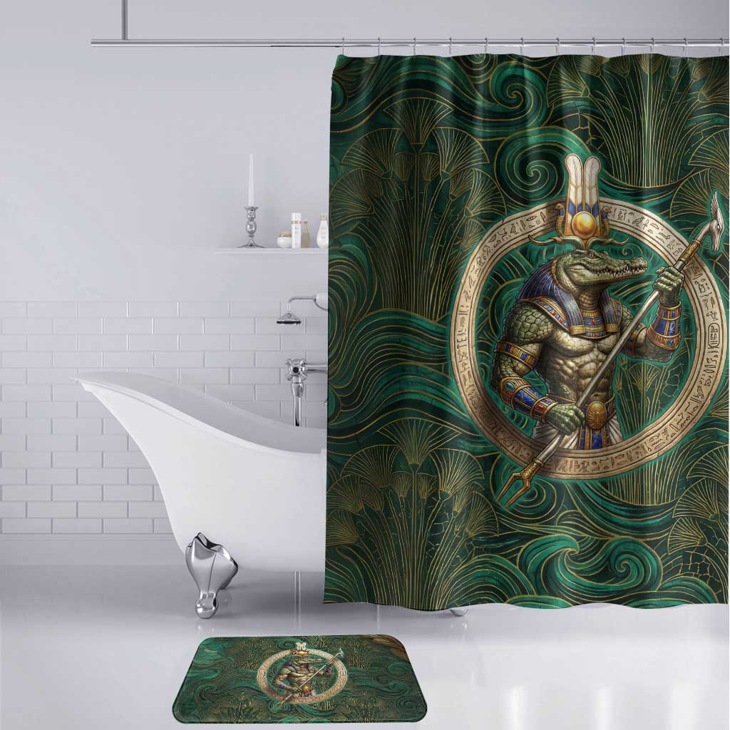 Sobek Crocodile Warrior Bathroom Set with Ankh Ancient Egyptian Motif in Emerald