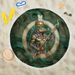 Sobek Crocodile Warrior Beach Blanket with Ankh Ancient Egyptian Motif in Emerald