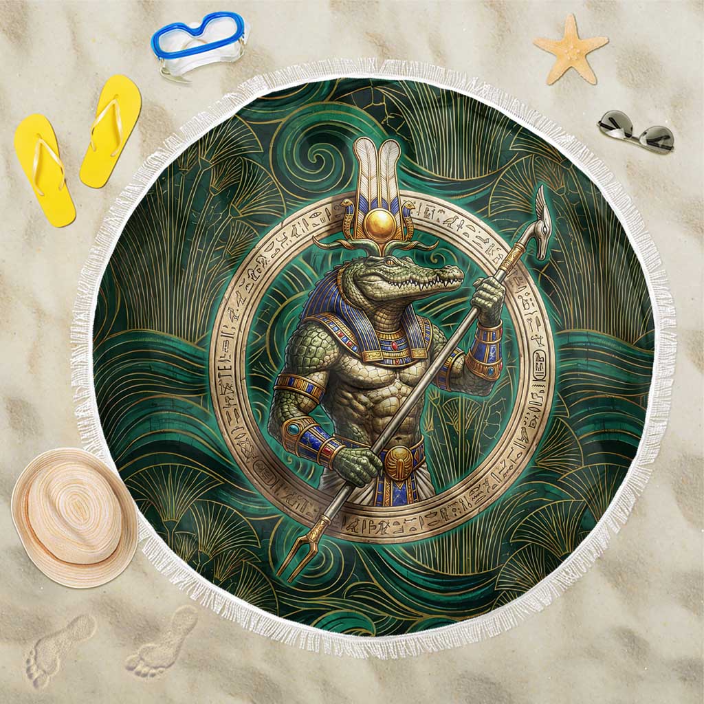 Sobek Crocodile Warrior Beach Blanket with Ankh Ancient Egyptian Motif in Emerald